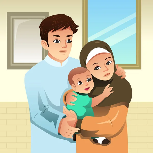 Een Vectorillustratie Van Islamitische Familie Thuis — Stockvector