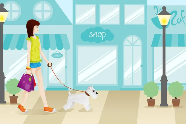 Vector Illustration Shopping Woman Her Dog — Stock Vector