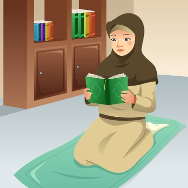Müslüman kız dua ve okuma Kur'an bir vektör çizim