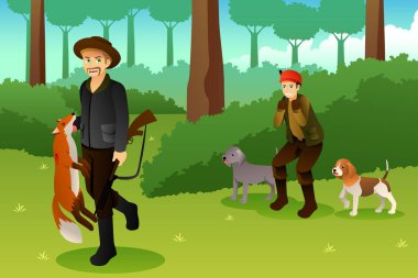 Avcılar ile O'nun köpekler av bir tilki bir vektör çizim