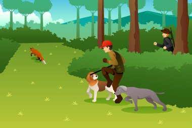 Avcılar ile O'nun köpekler av bir tilki bir vektör çizim