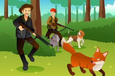 Avcılar ile O'nun köpekler av bir tilki bir vektör çizim