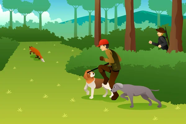 Vector Illustration Hunters His Dogs Hunting Fox — Stock Vector