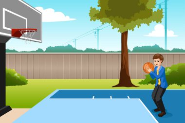 Çocuk basketbol oynarken arka bahçesinde bir vektör çizim 