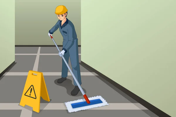 Een Vectorillustratie Van Werken Janitor Dweilen Vloer — Stockvector