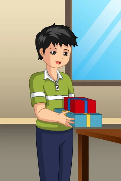 Eine Vektorillustration Des Jungen Der Geschenk Trägt — Stockvektor