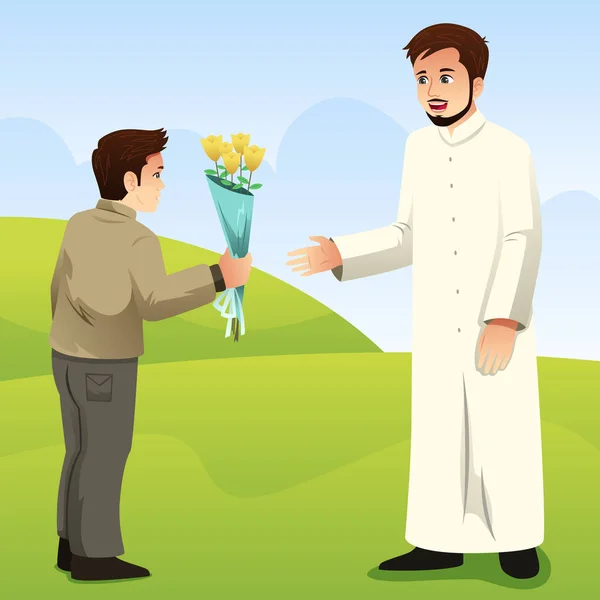 Eine Vektorillustration Des Muslimischen Sohnes Der Seinem Vater Blumen Schenkt — Stockvektor