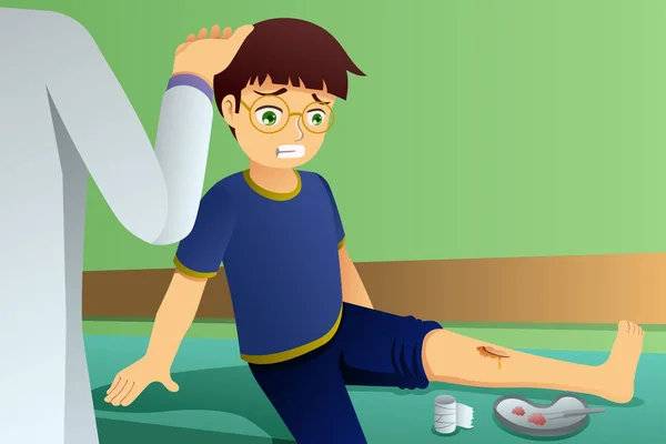 Μια Εικονογράφηση Διάνυσμα Παιδί Τραυματίστηκε Στο Ιατρείο — Διανυσματικό Αρχείο