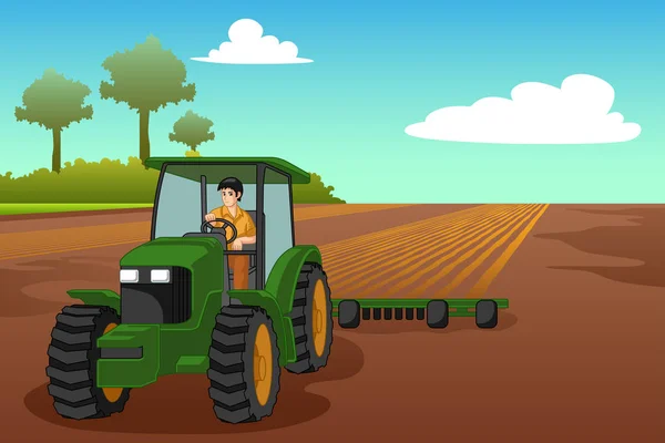 Una Ilustración Vectorial Joven Agricultor Montando Tractor — Archivo Imágenes Vectoriales