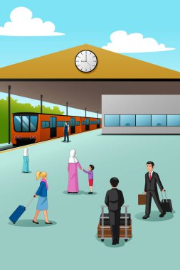 İnsanlar tren istasyonunda bir vektör çizim 
