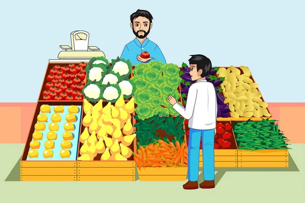 Een Vectorillustratie Van Boy Kopen Van Groenten Fruit Boerenmarkt — Stockvector