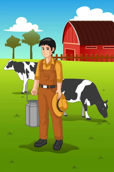 Vektorové Ilustrace Farmář Dojení Krávy — Stockový vektor