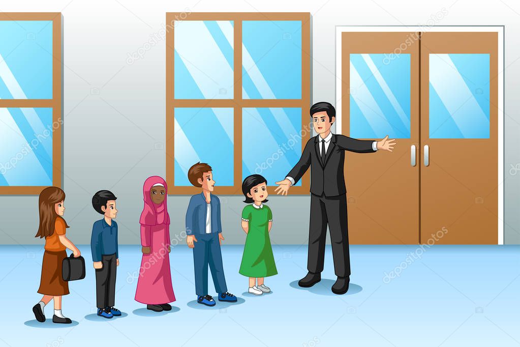 A vector illustration of Students Lining Up Outside The Classroom With Teacher