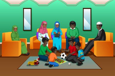Oturma odasında Afrika Müslüman aile oynayan bir vektör çizim