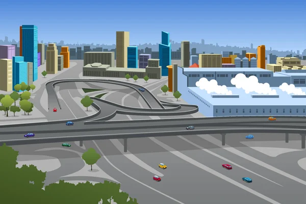 Μια Εικονογράφηση Διάνυσμα Αυτοκινητόδρομο Και Αυτοκίνητα Στην Πόλη — Διανυσματικό Αρχείο