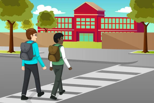 Μια Εικονογράφηση Διάνυσμα Φοιτητές Διασχίζουν Δρόμο Για Schooll — Διανυσματικό Αρχείο