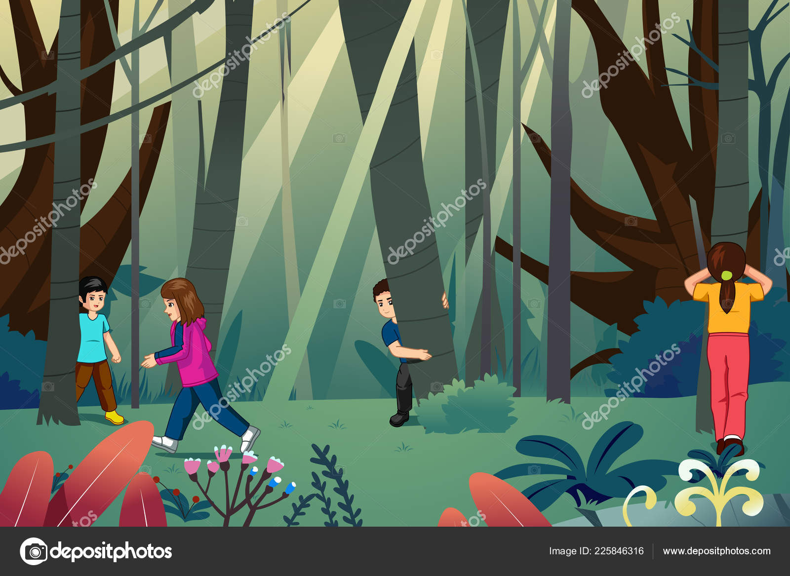 Vector illustration cartoon of children playing hide and seek in