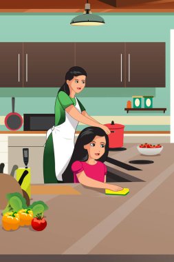 Anne ve kızı yemek mutfakta bir vektör çizim