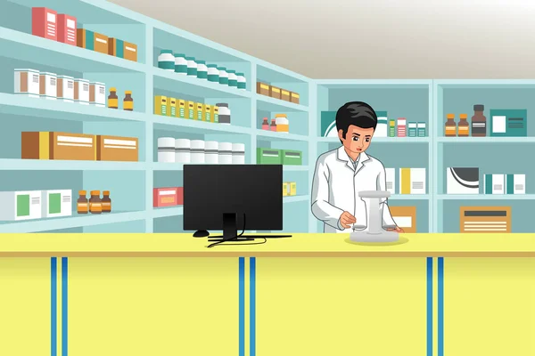 Uma Ilustração Vetorial Farmacêutico Trabalho Farmácia — Vetor de Stock