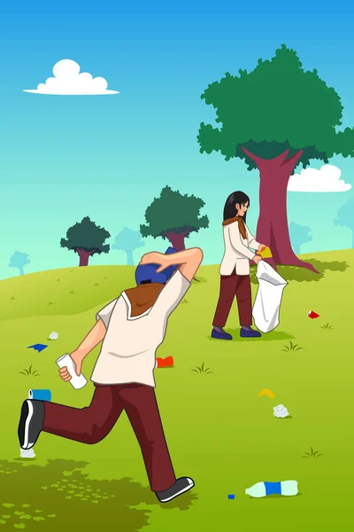 青少年在公园里捡垃圾的向量例证 — 图库矢量图片