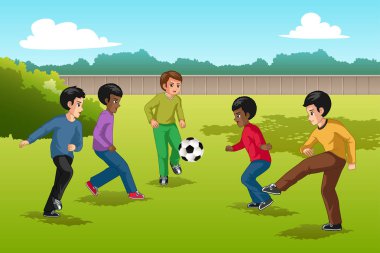 Çok etnik grubunu çocuklar futbol oynarken bir vektör çizim