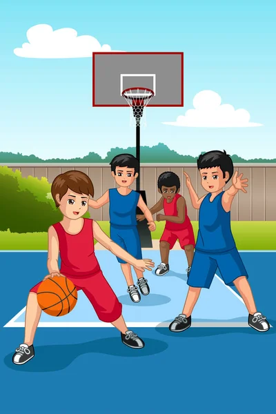 Vector Illustration Multi Ethnic Group Kids Playing Basketball — Stock Vector