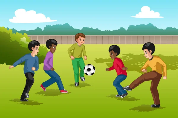 Vector Illustration Multi Ethnic Group Kids Playing Soccer — Stock Vector
