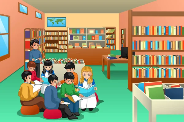 Uma Ilustração Vetorial Grupo Crianças Escolares Estudando Biblioteca — Vetor de Stock