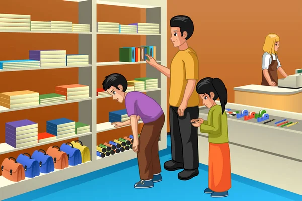 Μια Εικονογράφηση Διάνυσμα Της Οικογένειας Ψώνια Για Επιστροφή Στο Σχολείο — Διανυσματικό Αρχείο