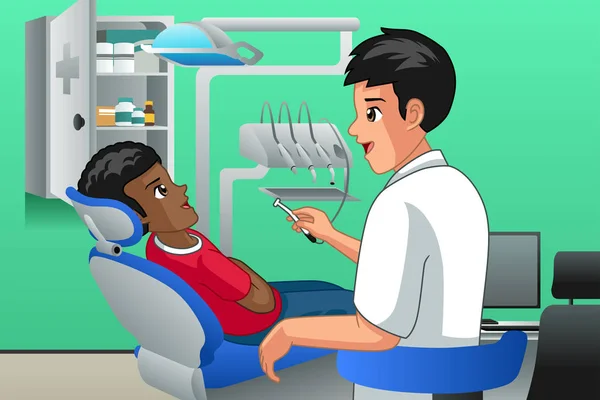 Eine Vektorillustration Des Zahnarztes Der Einen Kleinen Patienten Untersucht — Stockvektor
