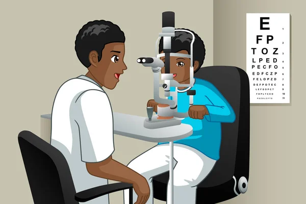 Uma Ilustração Vetorial Optometrist Checking Kid Eyes —  Vetores de Stock