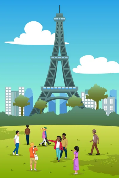 Vector Illustration Tourists Eiffel Tower France — Stock Vector