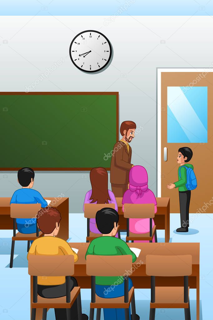 A vector illustration of Students and Teacher in the Classroom