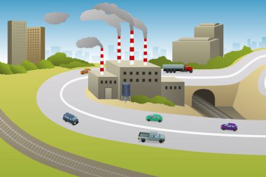 Fabrikalar bitki araba otoyol bir vektör çizim 