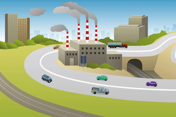 Ein Vektor Illustration Von Fabriken Pflanzen Autos Autobahn — Stockvektor