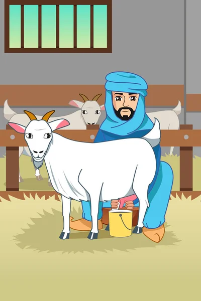 Vektorové Ilustrace Muslimský Zemědělec Dojení Jeho Koz Stodole — Stockový vektor