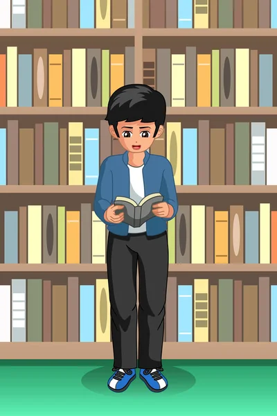 Eine Vektor Illustration Des Jungen Beim Lesen Der Bibliothek — Stockvektor