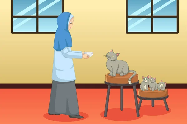 Vector Illustration Muslim Woman Feeding Cat Kitten Home — Stock Vector