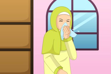 A vector illustration of Muslim Woman Sneezing Into a Tissue  clipart