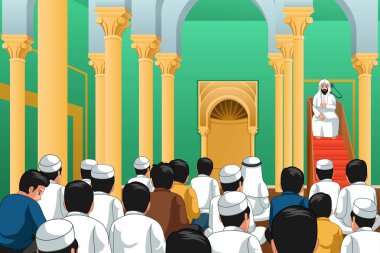 A vector illustration of Muslims Praying in a Mosque clipart