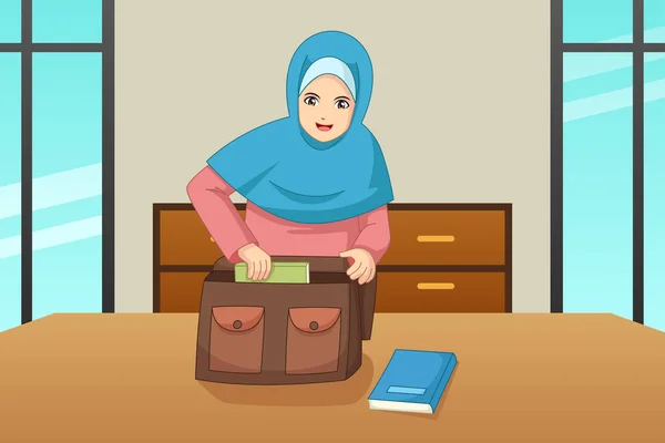 Векторна Ілюстрація Мусульманської Дівчина Покласти Книгу Всередині Мішок — стоковий вектор