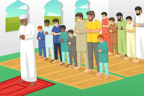 Uma Ilustração Vetorial Muçulmanos Orando Uma Mesquita —  Vetores de Stock