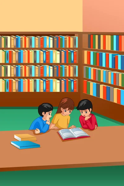 Una Ilustración Vectorial Niños Estudiando Biblioteca — Vector de stock