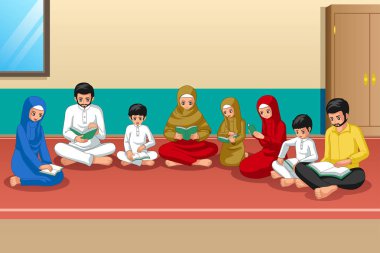 Müslüman aile Kur'an okuyan ve dua evde bir vektör çizim