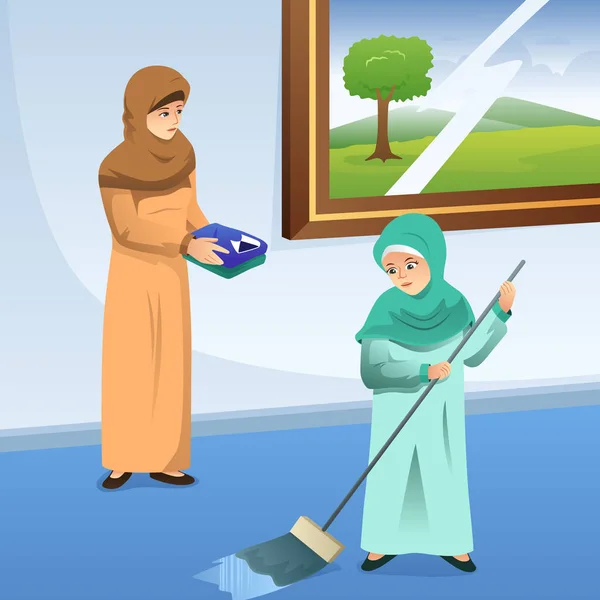 Eine Vektorillustration Muslimischer Mutter Und Tochter Bei Der Hausarbeit — Stockvektor