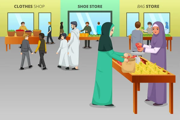 Een Vectorillustratie Van Islamitische Mensen Winkelen Bij Een Traditionele Markt — Stockvector