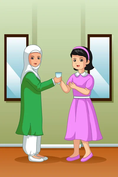 穆斯林女孩给朋友浇水的载体说明 — 图库矢量图片