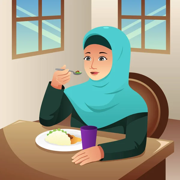 Een Vectorillustratie Van Islamitische Vrouw Eten Ontbijt Thuis — Stockvector