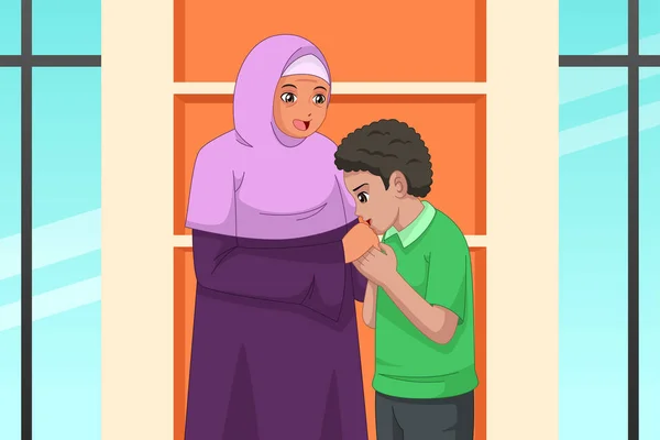 Eine Vektorillustration Eines Muslimischen Jungen Der Ihre Mutter Küsst — Stockvektor