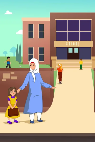 Μια Εικονογράφηση Διάνυσμα Της Μουσουλμανική Μητέρα Την Κόρη Της Στο — Διανυσματικό Αρχείο